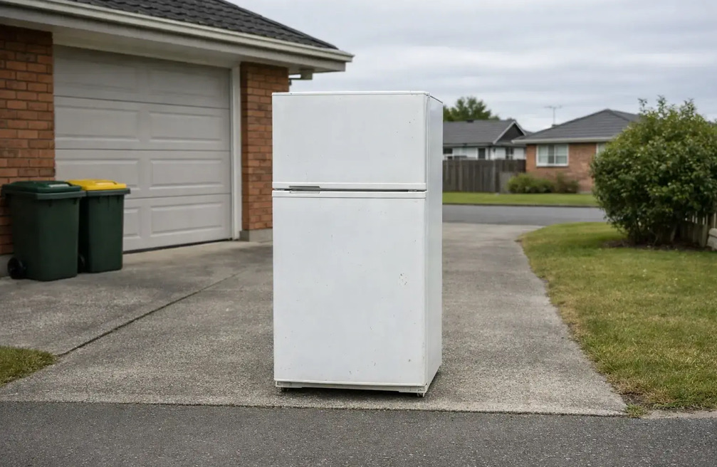 Old fridge on a Christchurch driveway ready for pickup